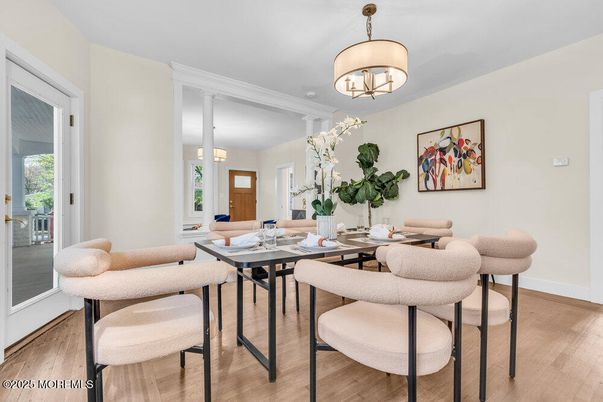 Chandelier, Dining room, Interior, Pendant Lights, Wood Texture Flooring