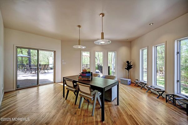 Dining room, Interior, Pendant Lights, Recessed Lighting, Wood Texture Flooring