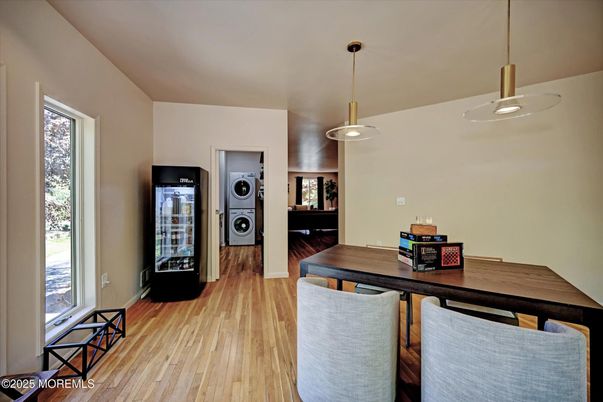 Dining room, Interior, Pendant Lights, Washer, Wood Texture Flooring