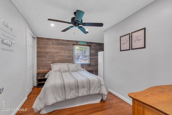 Bedroom, Interior, Recessed Lighting, Wood Texture Flooring, Wooden Walls