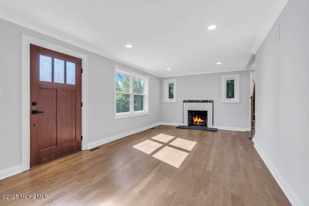 Empty room, Fireplace, Interior, Recessed Lighting, Wood Texture Flooring