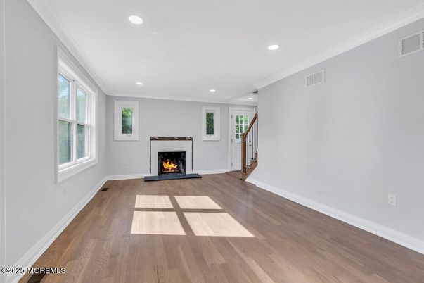 Empty room, Fireplace, Interior, Recessed Lighting, Wood Texture Flooring