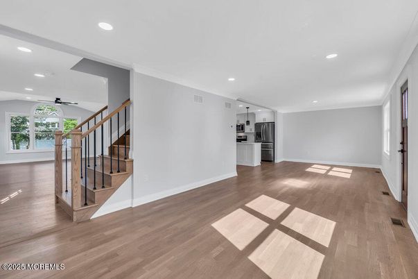 Empty room, Interior, Kitchen, Recessed Lighting, Wood Texture Flooring