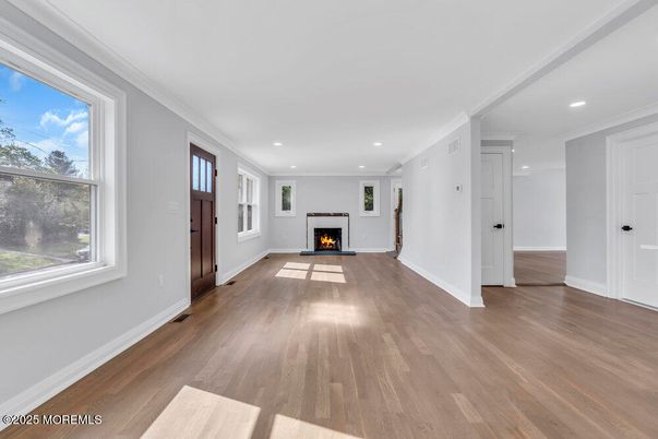 Empty room, Fireplace, Interior, Recessed Lighting, Wood Texture Flooring