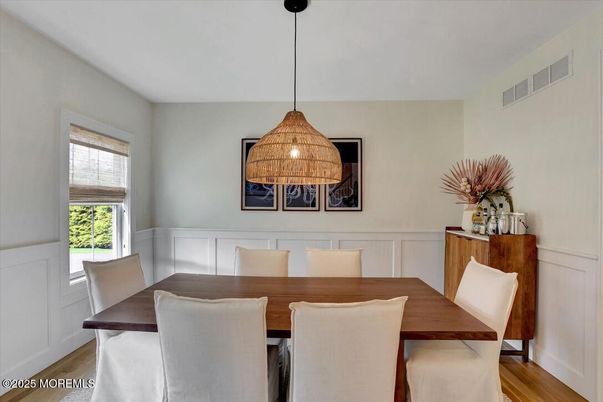 Dining room, Interior, Pendant Lights, Wood Texture Flooring