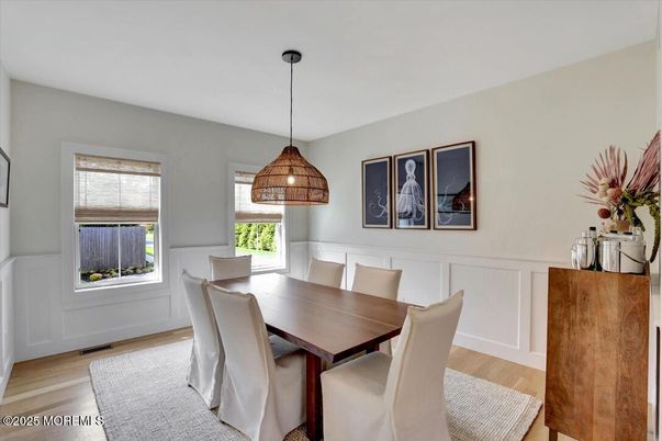Dining room, Interior, Pendant Lights, Wood Texture Flooring