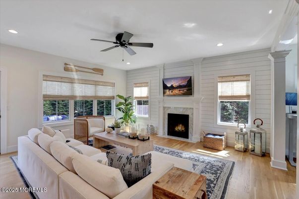 Fireplace, Interior, Living room, Recessed Lighting, Wood Texture Flooring