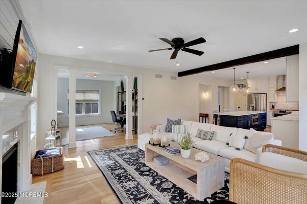 Dining room, Fireplace, Interior, Kitchen, Living room, Pendant Lights, Recessed Lighting, Stainless Steel Appliances, Wood Texture Flooring