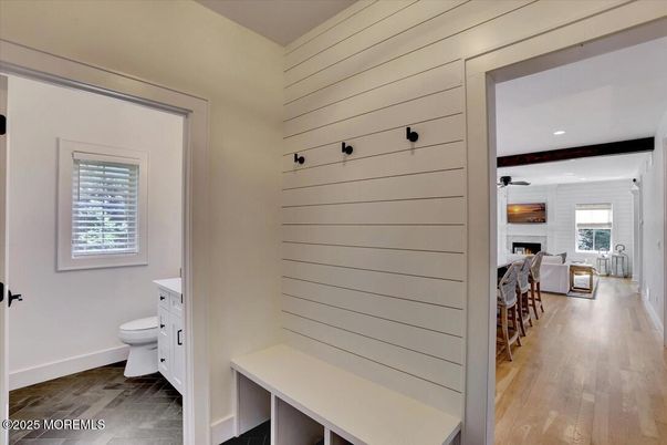 Bathroom, Fireplace, Interior, Recessed Lighting, Stone Walls, Wood Texture Flooring