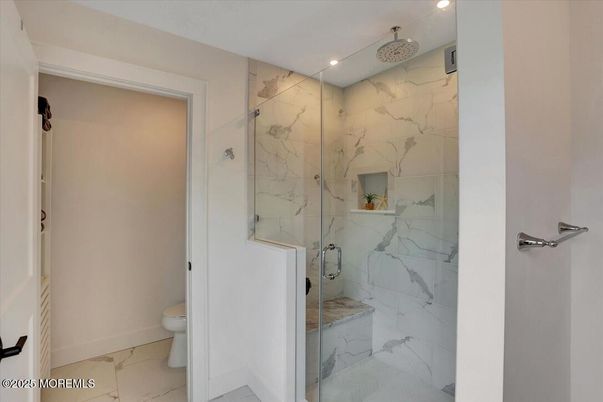 Bathroom, Glass Shower, Interior, Marble, Marble Walls, Recessed Lighting