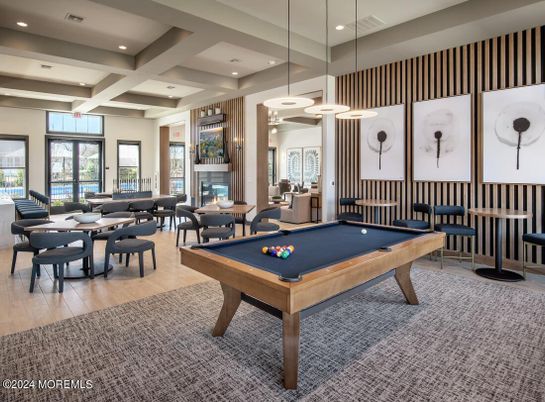 Billiard Table, Dining room, Game Room, Interior, Pendant Lights, Recessed Lighting, Wood Texture Flooring