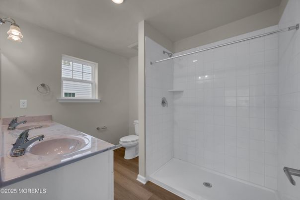 Bathroom, Glass Shower, Interior, Recessed Lighting, Wood Texture Flooring