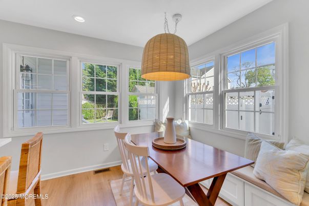 Dining room, Interior, Pendant Lights, Recessed Lighting, Wood Texture Flooring