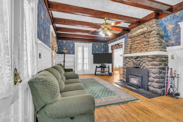 Fireplace, Interior, Living room, Stone Walls, Wooden Beams, Wood Texture Flooring