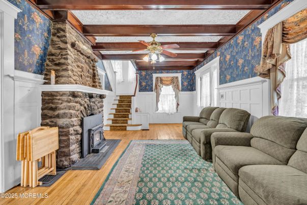Fireplace, Interior, Living room, Stone Walls, Wooden Beams, Wood Texture Flooring