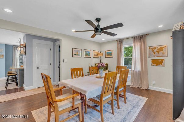 Dining room, Interior, Pendant Lights, Recessed Lighting, Wood Texture Flooring