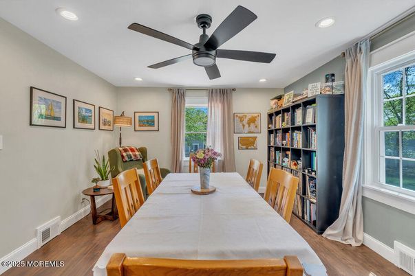 Dining room, Interior, Recessed Lighting, Wood Texture Flooring