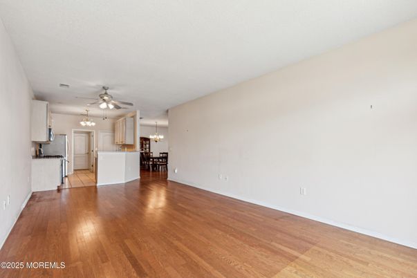 Chandelier, Dining room, Empty room, Interior, Kitchen, Wood Texture Flooring