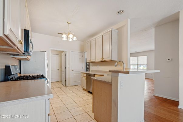 Chandelier, Interior, Kitchen, Pendant Lights, Recessed Lighting, Wood Texture Flooring