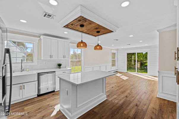 Interior, Kitchen, Pendant Lights, Recessed Lighting, Stainless Steel Appliances, Wooden Ceilings, Wood Texture Flooring