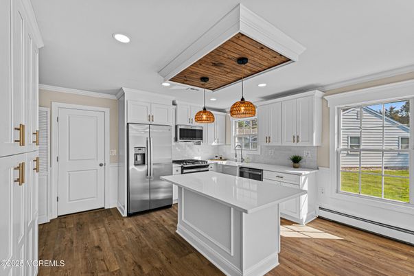 Interior, Kitchen, Pendant Lights, Recessed Lighting, Stainless Steel Appliances, Wooden Ceilings, Wood Texture Flooring