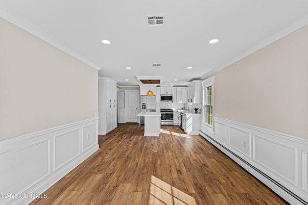 Interior, Kitchen, Pendant Lights, Recessed Lighting, Stainless Steel Appliances, Wood Texture Flooring