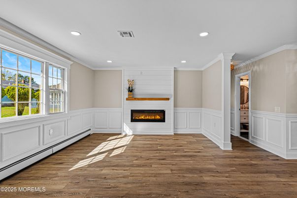 Empty room, Fireplace, Interior, Recessed Lighting, Wood Texture Flooring