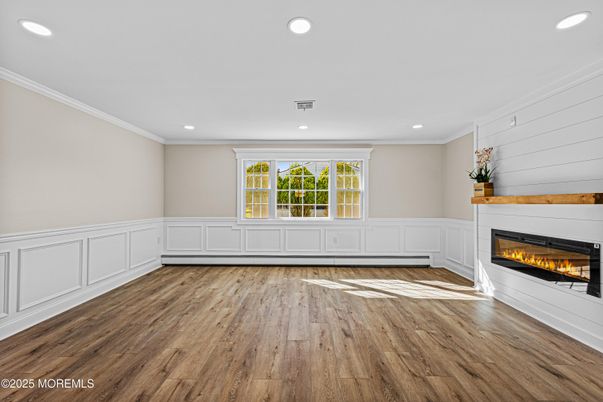 Empty room, Fireplace, Interior, Recessed Lighting, Wood Texture Flooring
