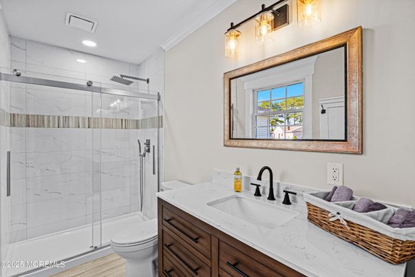Bathroom, Glass Shower, Interior, Marble Walls, Recessed Lighting