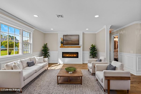 Fireplace, Interior, Living room, Recessed Lighting, Wood Texture Flooring