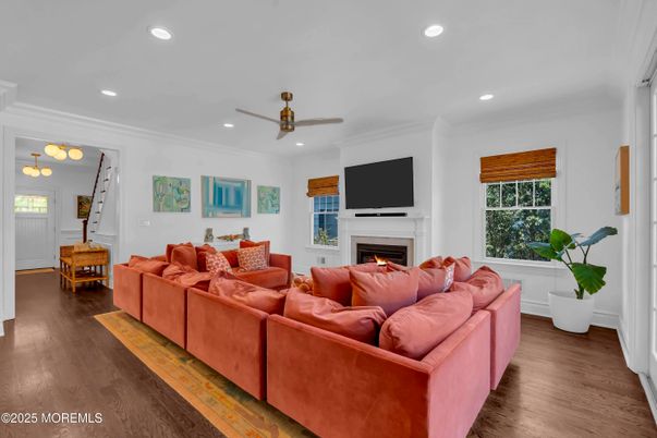 Fireplace, Interior, Living room, Recessed Lighting, Wood Texture Flooring