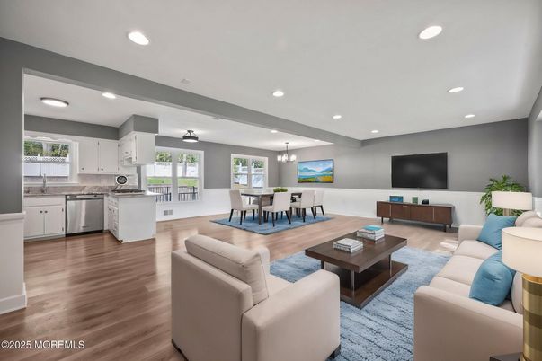 Dining room, Interior, Kitchen, Living room, Pendant Lights, Recessed Lighting, Stainless Steel Appliances, Wood Texture Flooring