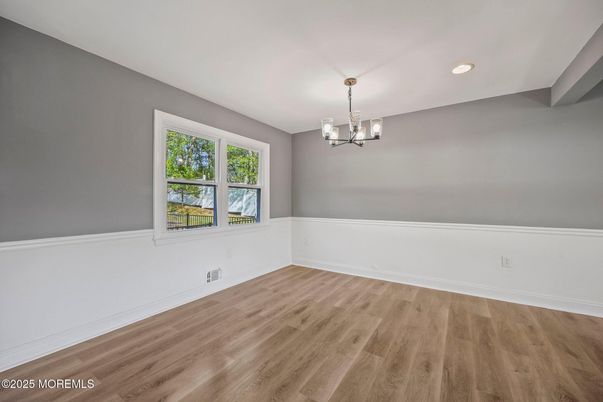 Chandelier, Empty room, Interior, Recessed Lighting, Wood Texture Flooring
