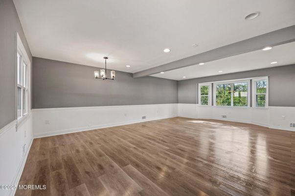 Chandelier, Empty room, Interior, Recessed Lighting, Wood Texture Flooring