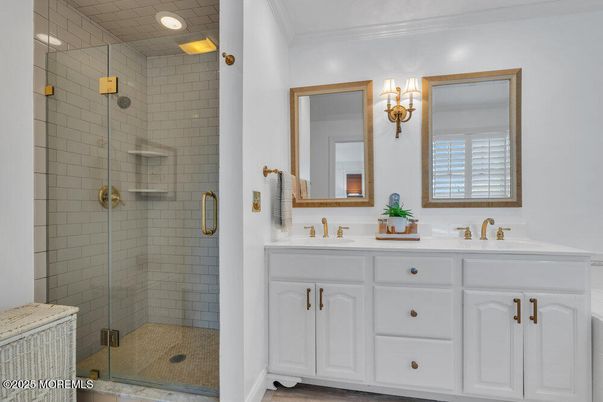 Bathroom, Dual Sink Vanities, Glass Shower, Interior, Recessed Lighting