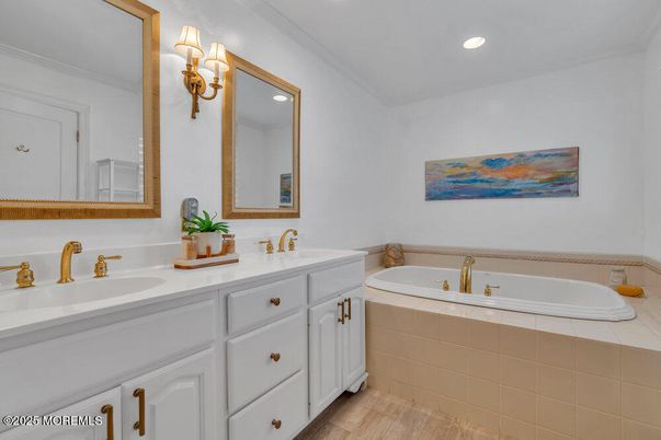 Bathroom, Dual Sink Vanities, Interior, Recessed Lighting, Wood Texture Flooring