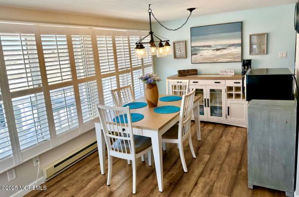 Dining room, Interior, Pendant Lights, Wood Texture Flooring