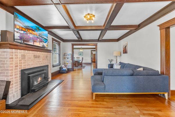 Fireplace, Interior, Living room, Pendant Lights, Wooden Beams, Wood Texture Flooring