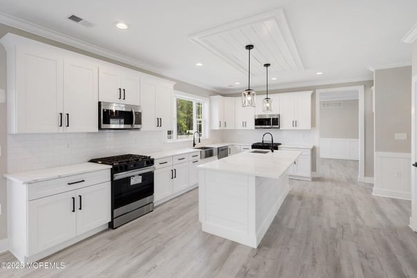 Interior, Kitchen, Pendant Lights, Recessed Lighting, Stainless Steel Appliances, Wood Texture Flooring