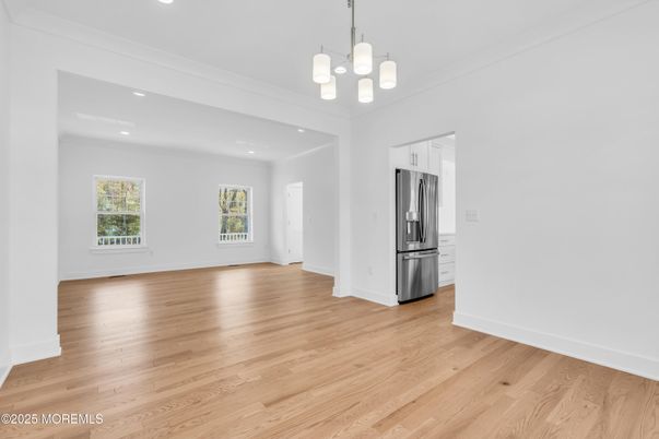 Chandelier, Empty room, Interior, Kitchen, Pendant Lights, Recessed Lighting, Wood Texture Flooring