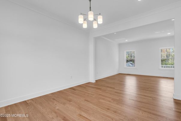 Chandelier, Empty room, Interior, Recessed Lighting, Wood Texture Flooring