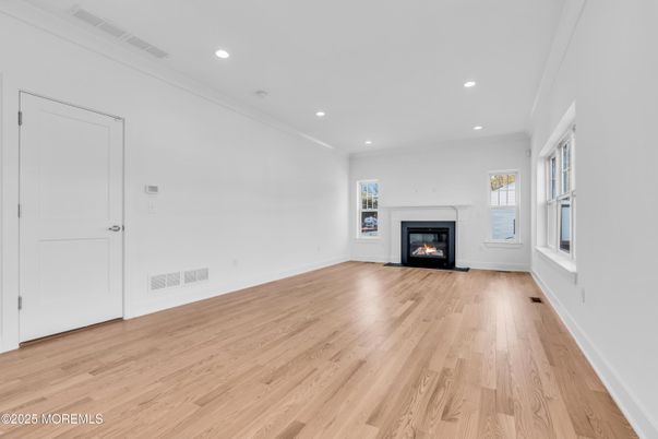 Empty room, Fireplace, Interior, Recessed Lighting, Wood Texture Flooring