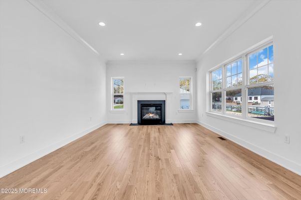 Empty room, Fireplace, Interior, Recessed Lighting, Wood Texture Flooring