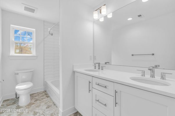 Bathroom, Dual Sink Vanities, Interior, Marble, Recessed Lighting