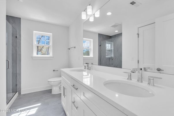Bathroom, Dual Sink Vanities, Glass Shower, Interior, Marble, Recessed Lighting