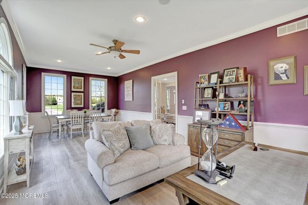 Dining room, Interior, Living room, Recessed Lighting, Wood Texture Flooring