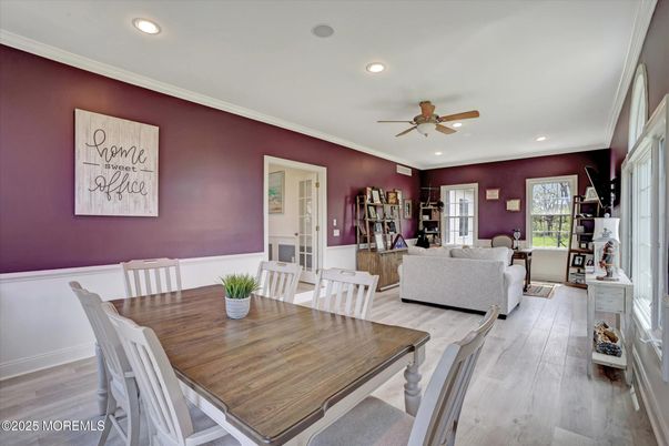 Dining room, Interior, Living room, Recessed Lighting, Wood Texture Flooring