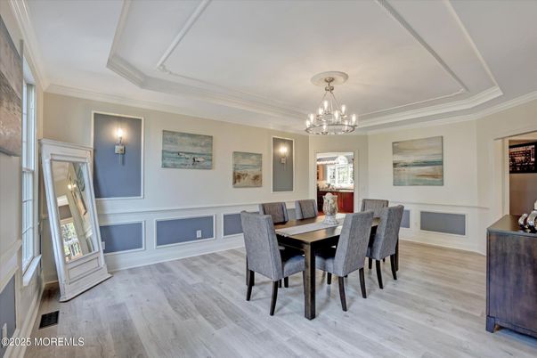Chandelier, Dining room, Interior, Wood Texture Flooring