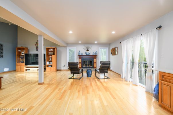 Fireplace, Interior, Living room, Recessed Lighting, Wood Texture Flooring