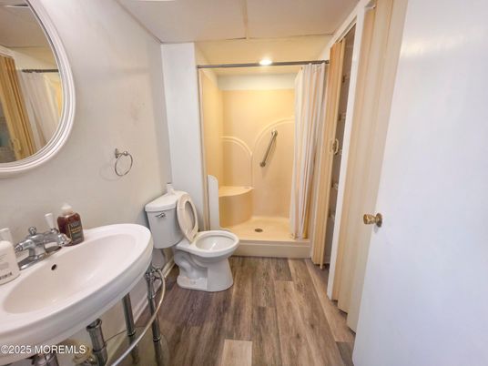 Bathroom, Dual Sink Vanities, Interior, Recessed Lighting, Wood Texture Flooring